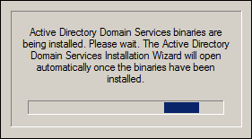 Active Directory Domain Services binaries are being installed. Please wait. The Active Directory Domain Services Installation Wizard will open automatically once the binaries have been installed.