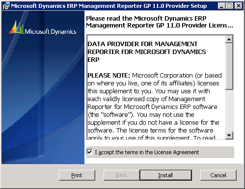 Microsoft Dynamics ERP Management Reporter GP 11.0 Provider Setup - License Agreement
