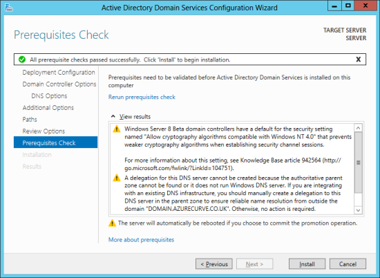 Active Directory Domain Services Configuration Wizard - Prerequisites Check
