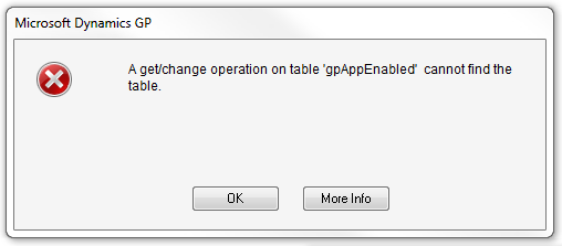 Microsoft Dynamics GP - A Get/Change Operation on Table 'gpAppEnabled' cannot find the table