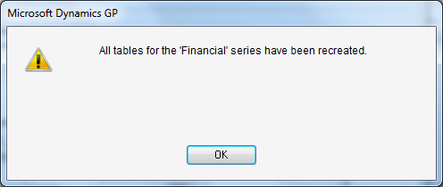 Microsoft Dynamics GP - All tables for the 'Financial' series have been recreated.