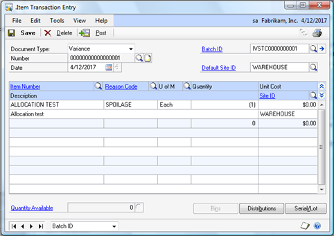 Inventory Transaction Entry