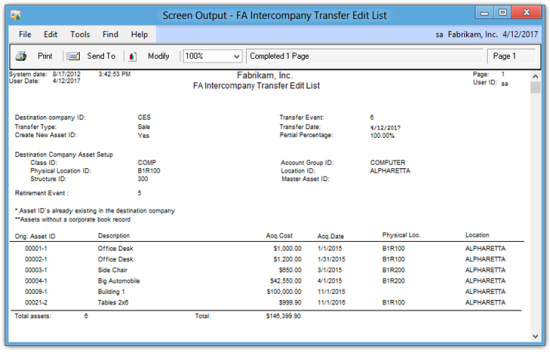 Screen Output - FA Intercompany Transfer Edit List