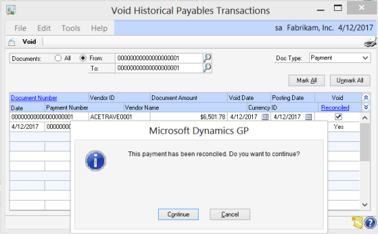 Microsoft Dynamics GP - This transaction has been reconciled. Do you want to continue?