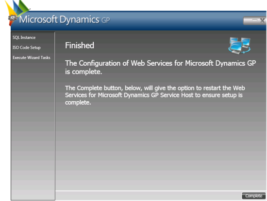 Web Services for Microsoft Dynamics GP Configuration Wizard - Finished