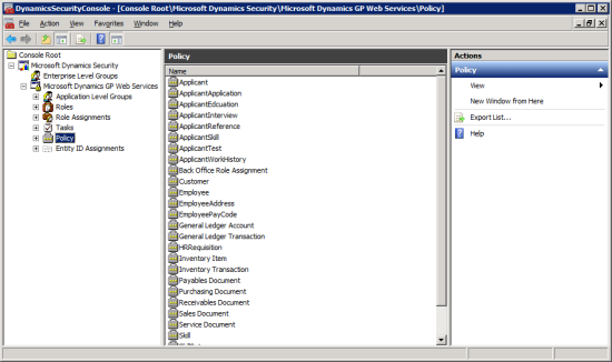 DynamicsSecurityConsole - [Console Root\Microsoft Dynamics Security\Microsoft Dynamics GP Web Services\Policy]