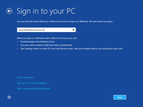 Windows 8 Setup - Sign in to your PC