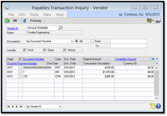 Payables Transaction Inquiry - Vendor