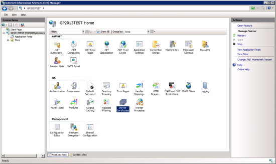 Internet Information Services (IIS) Manager - GP2013TEST Home