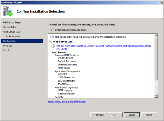 Add Roles Wizard - Confirm Installation Selections