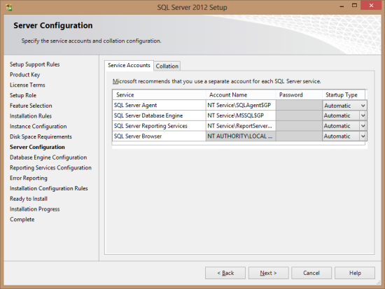SQL Server 2012 Setup - Server Configuration - Service Accounts