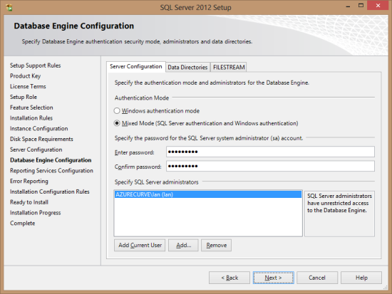 SQL Server 2012 Setup - Database Engine Configuration - Server Configuration