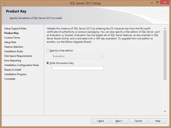 SQL Server 2012 Setup - Product Key