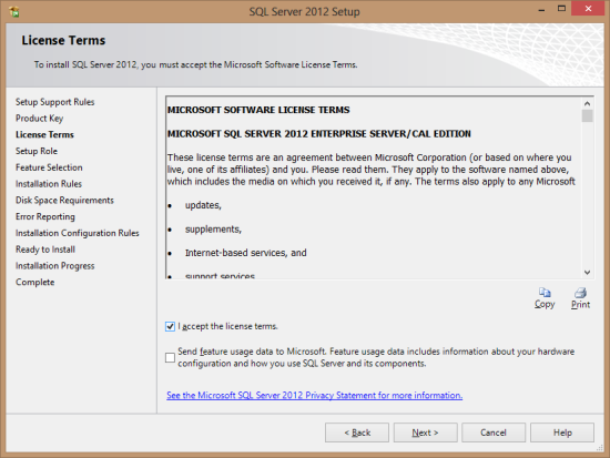 SQL Server 2012 Setup - License Terms