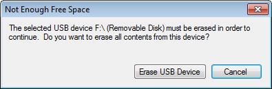 Not Enough Free Space: The selected USB device F:\ (Removable Disk) must be erased in order to continue. Do you want to erase all contents from this device?