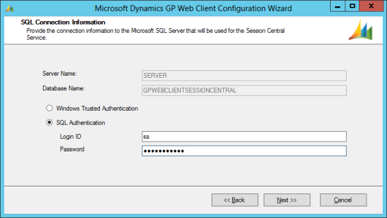 Microsoft Dynamics GP Web Client Configuration Wizard - SQL Connection Information