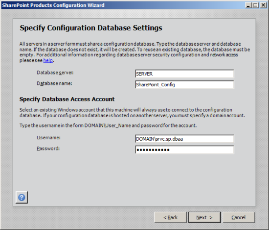 Specify Configuration Database Settings