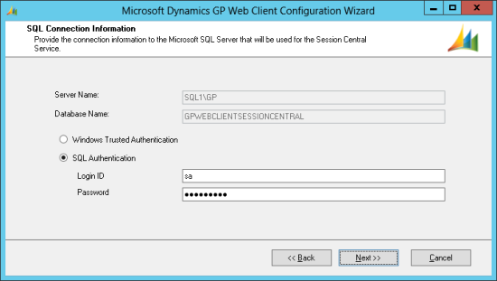 Microsoft Dynamics GP Web Client Configuration Wizard - SQL Connection Information