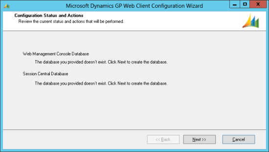Microsoft Dynamics GP Web Client Configuration Wizard - Configuration Status and Actions