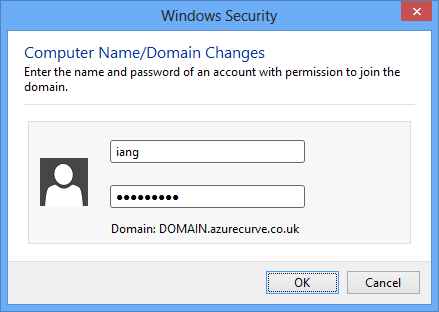 Windows Security - Computer Name/Domain Changes - Enter the name and password of an account with permission to join the domain.