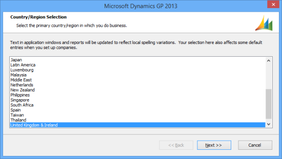 Microsoft Dynamics GP 2013 - Country/Region Selection