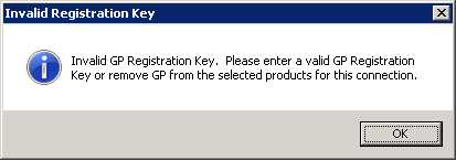 Invalid Registration Key: Invalid GP Registration Key. Please enter a valid GP Registration Key or remove GP from the selected products for this connection