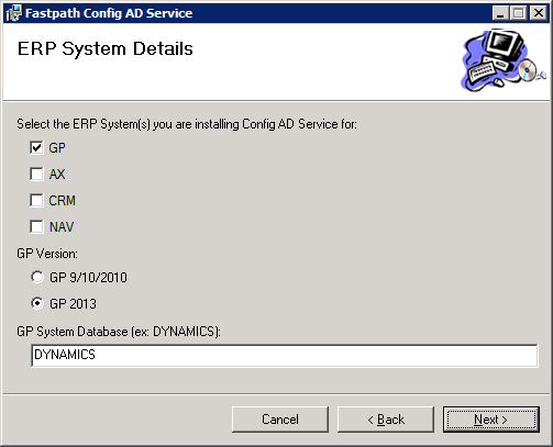 Fastpath Config AD Service: ERP System Details