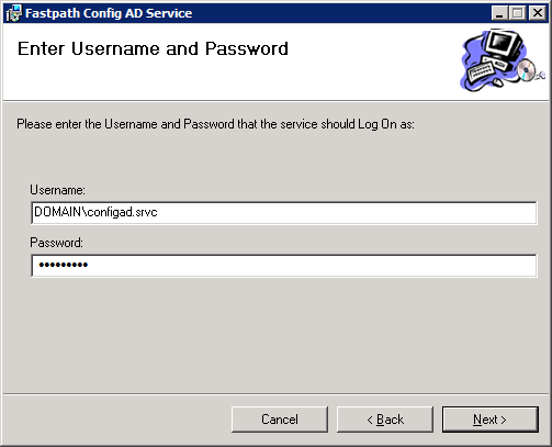 Fastpath Config AD Service: Enter Username and Password