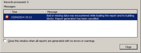Bad or missing data was encountered while loading the report and its building blocks. Report generation has been cancelled.