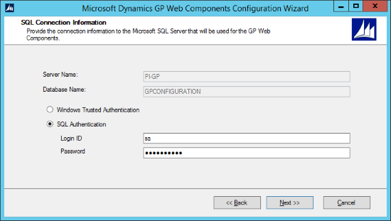 Microsoft Dynamics GP Web Components Configuration Wizard - SQL Connection Information