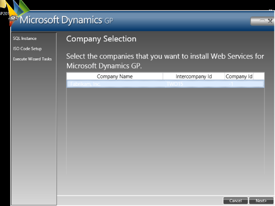 Web Services for Microsoft Dynamics GP Configuration Wizard - Company Selection