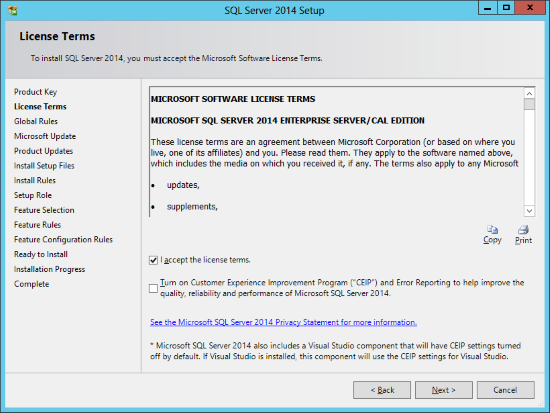 SQL Server 2014 Setup - License Terms