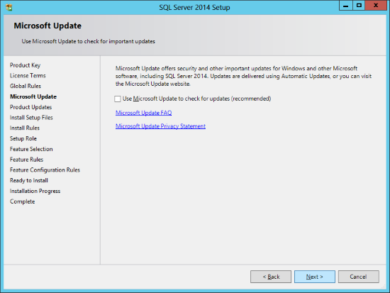 SQL Server 2014 Setup - Microsoft Update