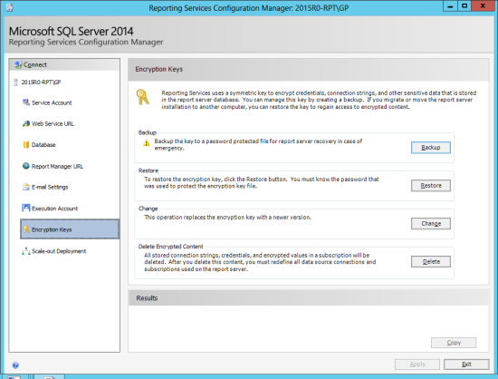 Reporting Services Configuration Manager - Change Database - Encryption Keys