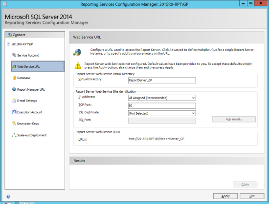 Reporting Services Configuration Manager - Web Service URL