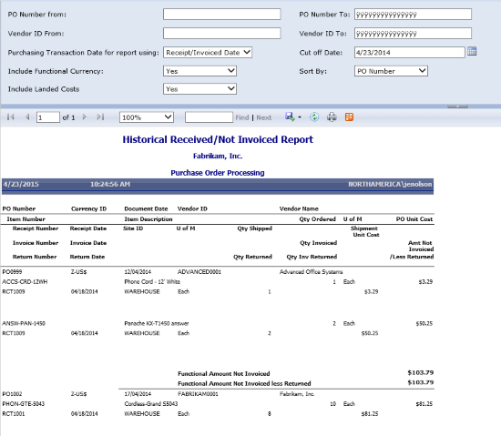 Historical Received Not Invoiced Report SSRS Report