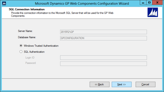 Microsoft Dynamics GP Web Components Configuration Wizard: SQL Connection Information