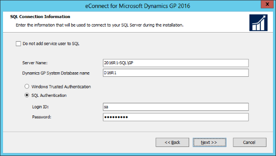 eConnect for Microsoft Dynamics GP 2016: SQL Connection Information