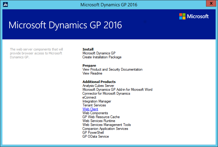 Microsoft Dynamics GP 2016 setup utility