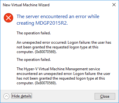 The server encountered an error while creatng