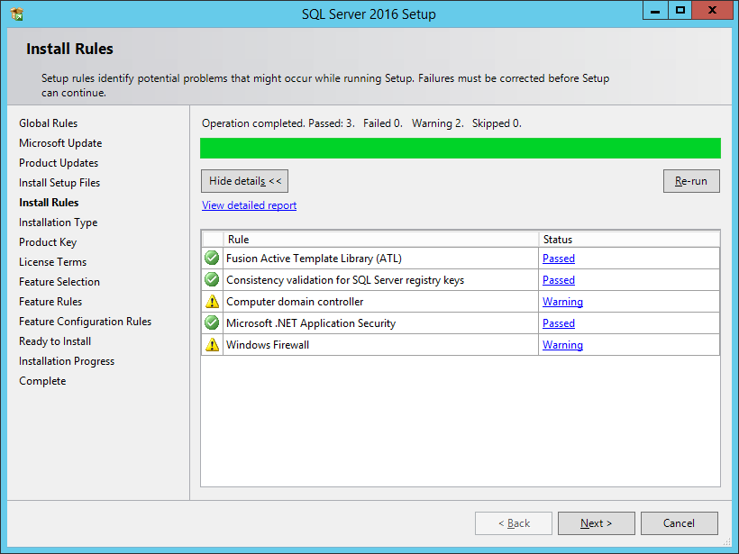 SQL Server 2016 Setup: Install Rules