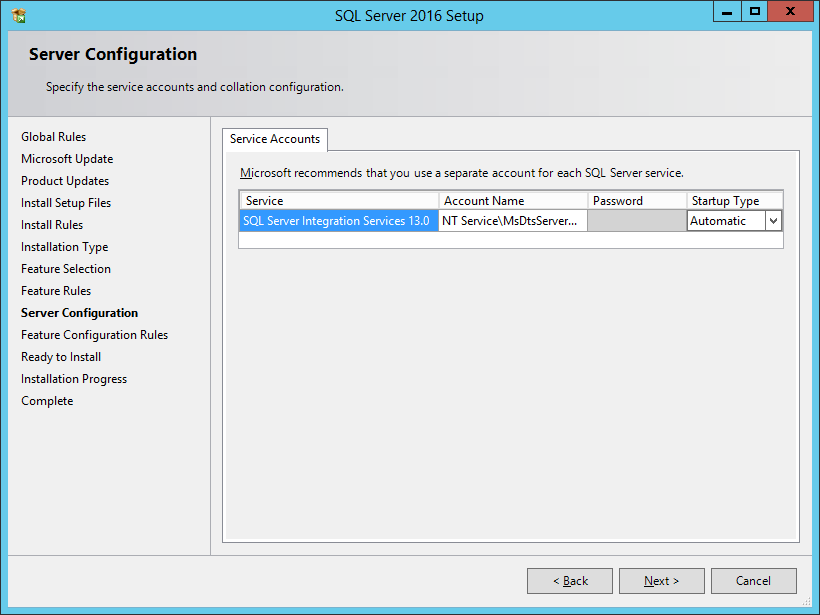 SQL Server 2016 Setup: Server Configuration