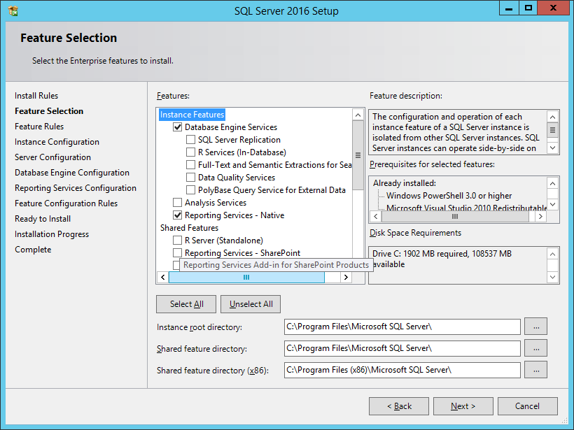 SQL Server 2016 Setup: Feature Selection