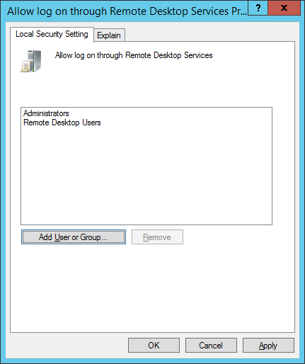Allow log on through Remote Desktop Services Properties