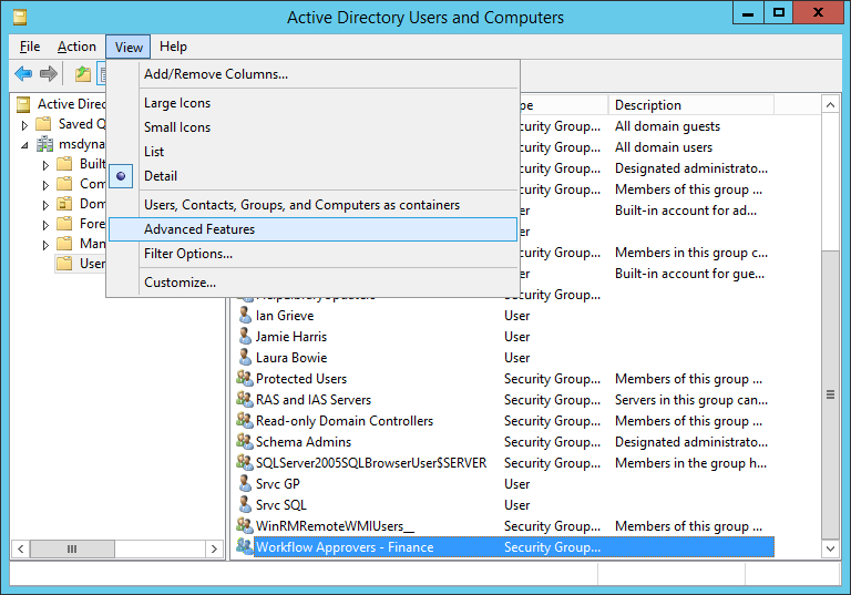 Active Directory Users and Computers - View - Advanced Features