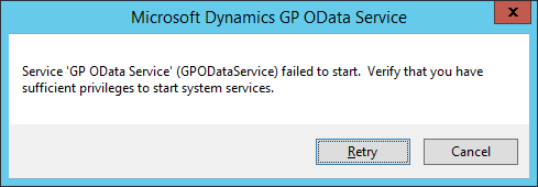 Service 'GP OData Service' (GPODataService) failed to start. Verify that you have sufficient privileges to start the system services.