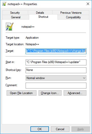 notepad++ Properties - Shortcut tab