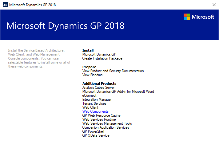 Microsoft Dynamics GP 2018 setup utility