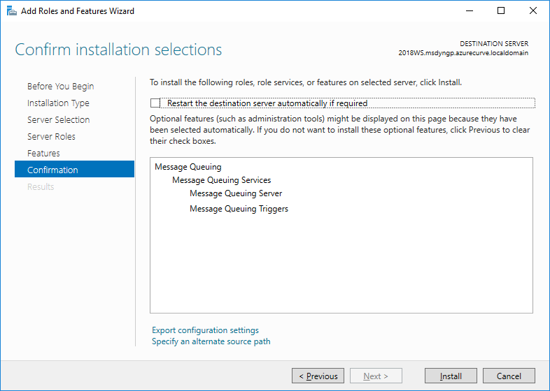 Add Roles and Features Wizard - Confirm installation selections