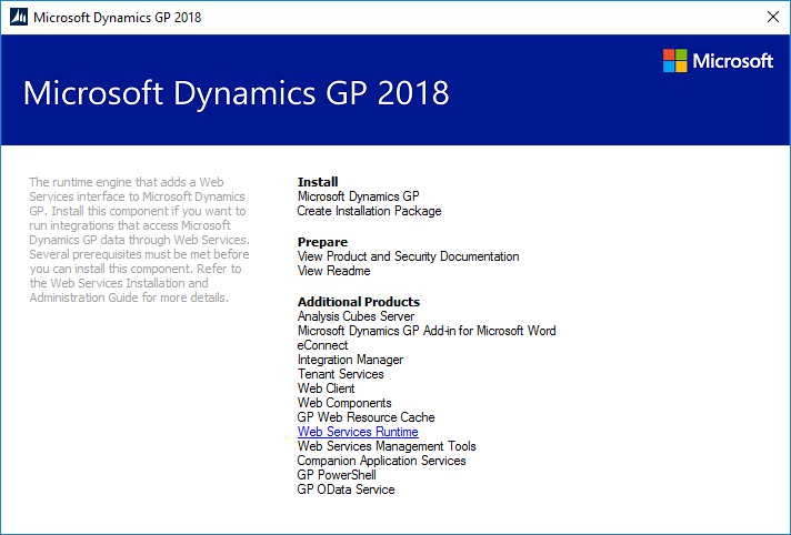 Microsoft Dynamics GP 2018 setup utility